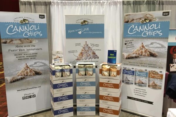 A Golden Cannoli Chips display